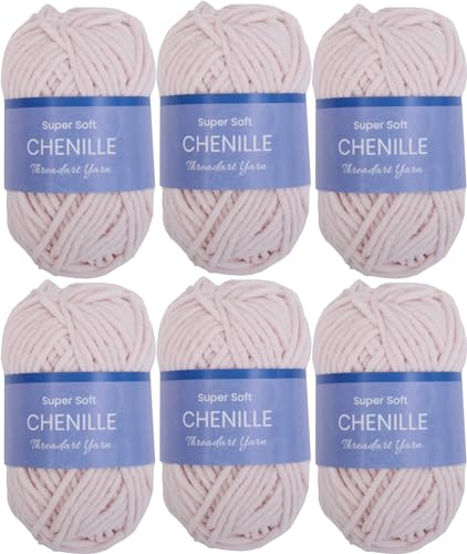 ThreadArt 6 Pack Chenille Yarn for Crochet, #5, Blush Pink 04 | Super soft plush chenille yarn for crochet, knitting, amigurumi, blankets and toys. Fluffy #5 weight, 50g/60yd skeins. - color: BLUSH PINK, size: 6 PACK