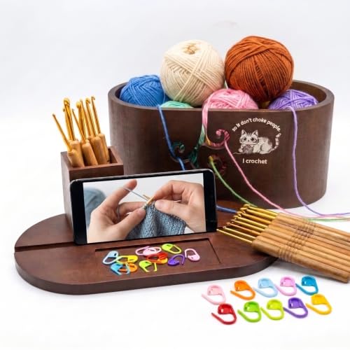Oval Yarn Bowl Set with Lid & Phone Slot，for Knitting & Crocheting | Oval Crochet Yarn Holder Bowl with 9PCS Knitting Hooks Crochet and 10 Stitch Markers, for Knitters, Crocheters