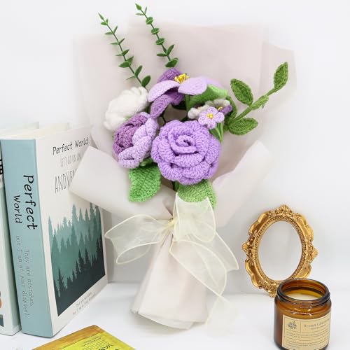Marvogo Handmade Crochet Flower Bouquet,Crochet Flowers for Loved Ones | Crochet Flower,Crochet Rose, Bell Orchid, Tulip, Finished Artificial Flower Ideal for Lovers, Family and Friends purple - color: Purple