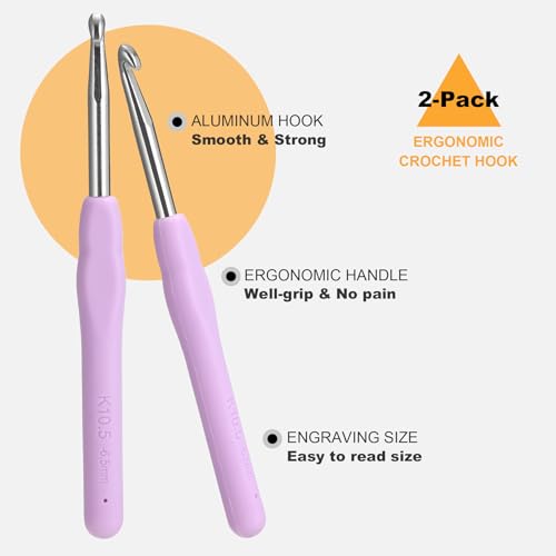 2Pcs 6.5mm Crochet Hooks, Ergonomic Crochet Hook for Arthritis | Knitting Needles for Beginners,Extra Long, Smooth, Comfortable for Knitting Sweaters,Scarves and Hats(Size K / 6.5mm) - size: 6.5mm