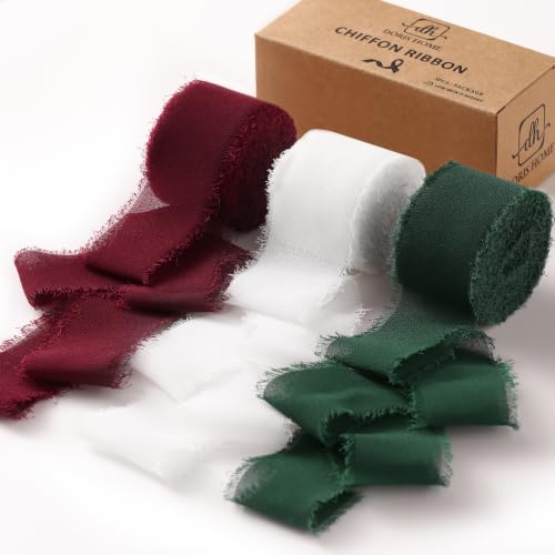 DORIS HOME Handmade Fringe Chiffon Ribbon 1" x 21Yd Green & Burgundy | Fabric Ribbon, For Flower Bouquet/Gift Wrapping/Wedding Invitations/Christmas Decorations/Party Decor - color: Dark Green/White/Burgundy