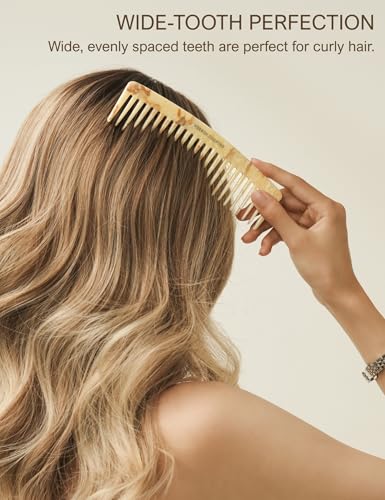 Heesch Wide Tooth Comb for Curls, Wet, Thick Hair Set of 2, Large 7-inch Hair Comb and Small 5-inch Travel Comb for Women, Detangling Comb for Curly Hair Made from Cellulose Acetate, Ivory Marble - color: Ivory Marble
