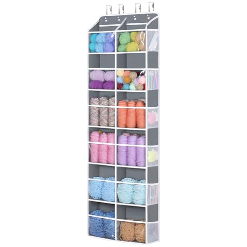 Univivi Hanging Yarn Storage Organizer with Side Pockets, 6 Tiers, Grey | 12 Clear Compartments, 12 Mesh Side Pockets, Large Capacity Over the Door Yarn Organizer for Crochet Storage - color: Grey, size: 6 LAYER