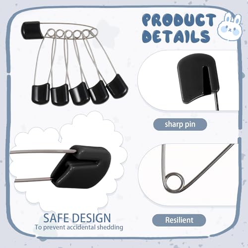 WILLBOND 100 Pcs Large Safety Pins for Clothes,with Bag, Black | Plastic Head with Locking Closures, Heavy Duty Nappy Pins Hooks, 2.2 Inch Fasteners, Stainless Steel, Velvet Bag - color: Black