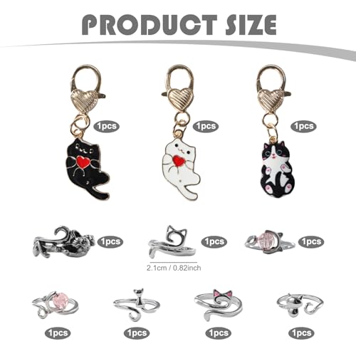 7PCS Crochet Ring for Finger, Adjustable Crochet Tension Ring, Practical Tension for Crocheting, for Knitted Accessories, with 3 Kitten Pendants