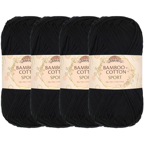 JubileeYarn Bamboo Cotton Sport Yarn - 50g/Skein - Midnight Black - 4 Skeins - color: 211 Midnight Black, size: 4 Skeins