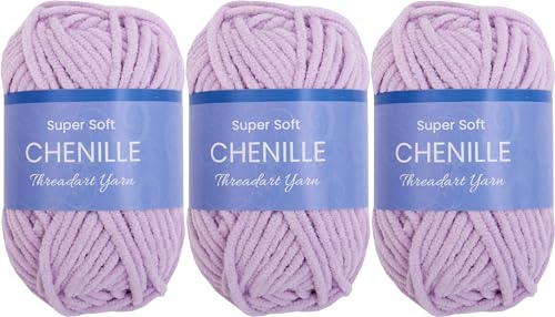 ThreadArt 3 Pack Chenille Yarn for Crochet, #5, Lavender | Super soft plush chenille yarn for crochet, knitting, amigurumi, blankets and toys. Fluffy #5 weight, 50g/60yd skeins. - color: LAVENDER, size: 3 PACK