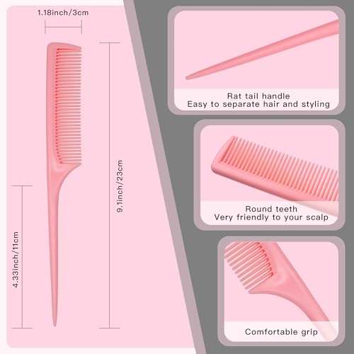 4 Pcs Rat Tail Comb Set for Women -Fine Tooth Styling comb with Pick, Anti-Static Heat Resistant Teasing Comb,Professional Hair Parting Tools for Smooth Detangling, Updos & Salon-Perfect Hairstyles. - color: Light purple-Baby blue-Pink-Blue
