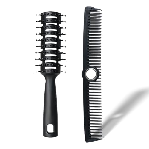 Round Vented Hair Brush & Barber Fine Tooth Cutting Comb Set (Black) | 360° Rotatable Finger Spin Comb for Blow Drying, Volume Curling, Hair Sectioning, for Salon Barbershop & Home Use - color: Black