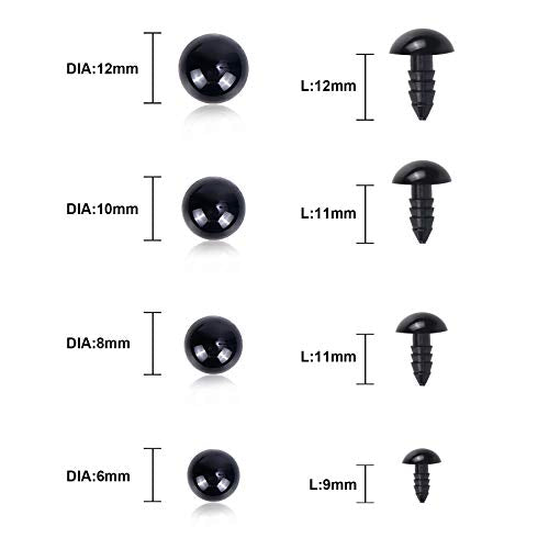 UPINS 500Pcs Safety Eyes for Amigurumi Crochet Animals with Washers | Black Plastic Craft Eyes, 6 to 12mm, for Crocheting Toys Puppets Bears Stuffed Animals, DIY Doll Making Supplies - size: A:6-12MM