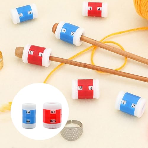 JAKOUE 10 Pcs Knitting and Crochet Row Counter Ring | Manual 2 Digit Dial, Slips on Needles, ABS Plastic, Red and Blue