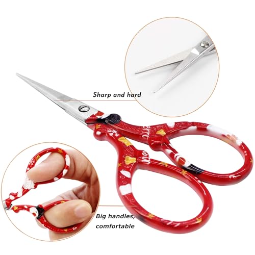 3.6 inch Sharp Embroidery Scissors Crochet with Leather Sheath for Knitting | Craft Scissors Small Scissors Pointed Tip Scissor Stainless Steel Precision Detail Scissor for Crafting Sewing Office Home - color: Red Christmas