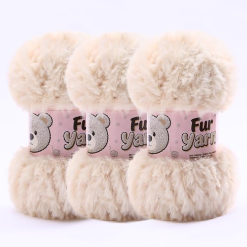 3 Skeins Faux Fur Yarn Soft Fluffy for Crocheting - Chunky Fuzzy Yarn for Crochet Amigurumi, Blankets, Scarves and Sweaters - Each 3.5 oz/100 g, 71 yds/65 m (3, Beige) - color: Beige