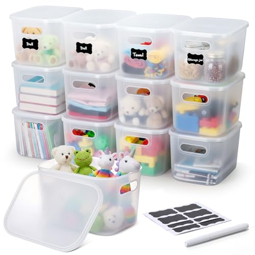 Thyle 12 Pack Translucent Plastic Storage Bins with Lids 7 Quart | Stackable Toy Organizer Boxes with Handles and Labels, Classroom Shelf Bedroom Desktop Storage, School Supplies - color: Translucent