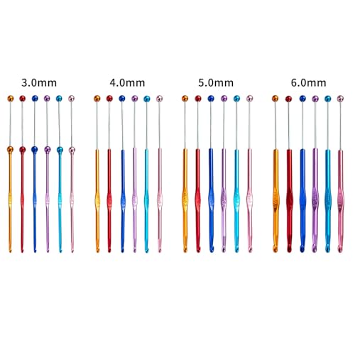 24 Pack DIY Beadable Crochet Hooks Knitting Needles Set Aluminum Handle for Focal Beads Colors (Blue Purple Red Orange Pink Light Blue, 3mm-6 mm) - size: 3-6 mm