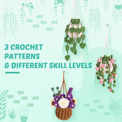 Crochetta Beginner Crochet Kit with Step-by-Step Video Tutorials, Learn to Crochet for Adults & Kids, Knitting Craft Supplies, Hanging Plants Home Decor (40%+ Yarn) - color: 3HaningPlant
