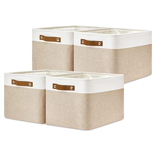 DULLEMELO Fabric Storage Bins for Laundry, Home, Foldable Storage Baskets for Shelves, Toys, Collapsible Storage Bins for Office, Closet,Bedroom(White&Khaki,L-15"x11"x9.5",4-Pack) - color: White&Khaki, size: L-15"x11"x9.5"