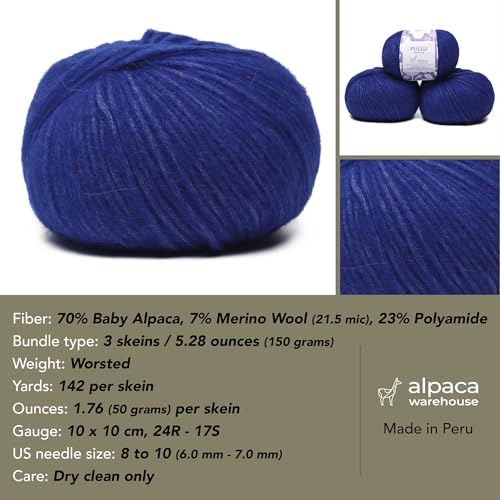 Baby Alpaca Merino Yarn 3 Skeins 150g Worsted Weight Knitting Blue Indigo | Pullu baby alpaca merino blend made in Peru 3 skeins 150g 426yd total for knitting and crochet sweaters scarves and hats - color: Blue Indigo