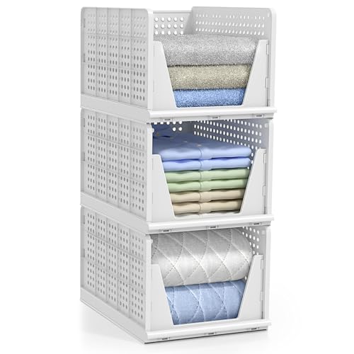 Sorbus Stackable Closet Organizer, Open-Front Shelf Bins (3 Large) | Plastic shelves and baskets for clothes in pantries, bathrooms, kitchens, garages, cabinets and countertops. - size: 3 Large