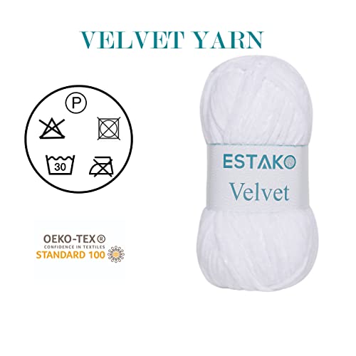 Estako Velvet Yarn for Crocheting, Chenille, 3 Pack, White | super bulky, ultra soft, plush, cozy, thick, fluffy, polyester, 300 g, 396 yds, amigurumi - color: 1110 - White, size: Pack of Three