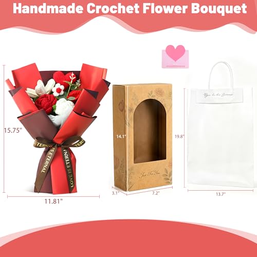 TORONTOKYO Crochet Flower Bouquet, Crochet Flowers Handmade Red Roses Bouquet, Graduation Gifts, Valentine's Day, Wedding, Birthday, Mother's Day (Include Gift Bag & Card) - color: Red