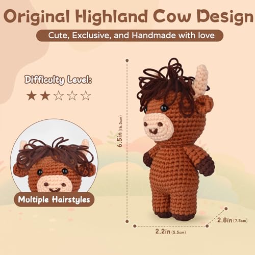 Crochet Kit for Beginners – Easy-to-See Stitches Yarn, Pre-Started Piece, and Step-by-Step Video Tutorials | Starter Crochet Set with Cute Animal Pattern – Original Handmade Highland Cow Pattern - color: Highland Cow