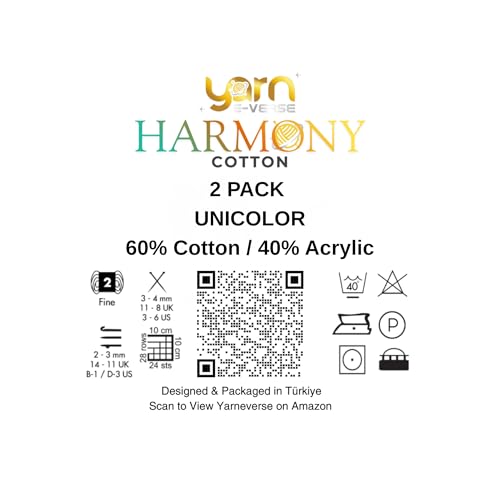 Harmony Cotton Yarn by Yarneverse – 2-Pack Soft Fine Weight (#2) 60% Cotton / 40% Acrylic (50g / 165m Each – Total 100g / 330m) (2, 432) - color: 432