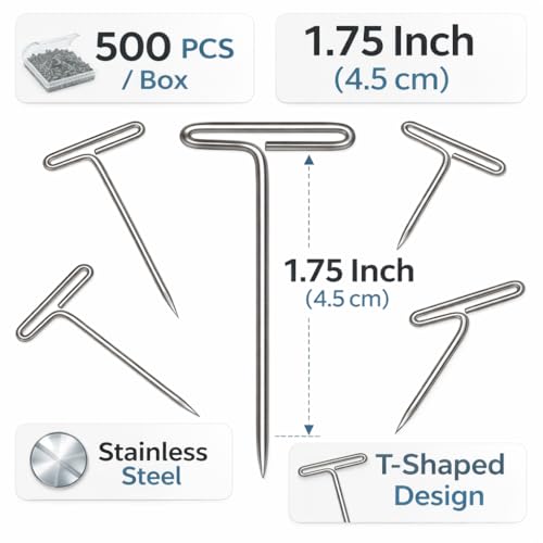 500 PCS T Pins 1.75 Inch, Stainless Steel T-Shaped Straight Pins | Durable Metal T Pins for Sewing, Wig Making, Foam Blocks, Knitting, Crafts and DIY Projects with Secure Hold and Easy Use