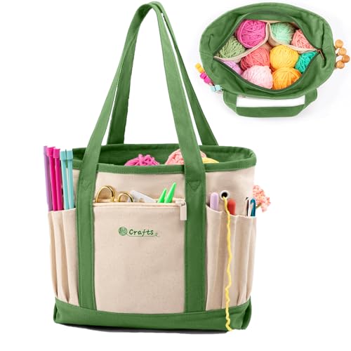 Canvas Yarn Storage Organizer Bag Washable Crochet Bag with Pockets for Yarn, Hooks, Needles – Travel Knitting Tote for Crafters – Gift for Crocheters & Knitters (Medium/Large) - color: Lime, size: Medium-12.5“