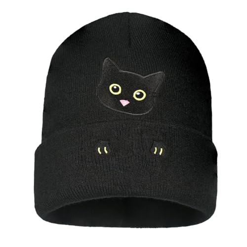 Personality Animal Head Embroidery Knit Beanie Hat for Adult and Big Kids Winter Warm Skull Cuffed Hats - color: Cat-black