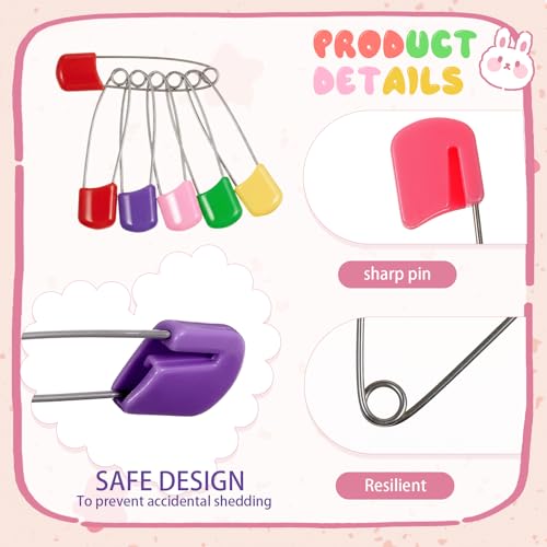 WILLBOND 100 Pcs Large Safety Pins for Clothes,with Bag, Multicolored | Plastic Head with Locking Closures, Heavy Duty Nappy Pins Hooks, 2.2 Inch Fasteners, Stainless Steel, Velvet Bag - color: Multicolored