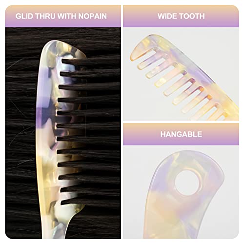 Large Wide Tooth Hair Comb Tortoise Shell Comb for Thick Curly Hair | Cellulose Acetate Hair Detangling Comb Round Tooth for Women Men or Kids, Anti-Static Wet or Dry, Yellow - color: Rainbow