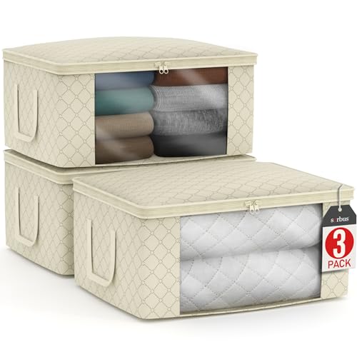 Sorbus Medium Clothes Storage Bags - Foldable Blanket Storage Bins for Organizing Bedroom, Closet, Clothing, Comforter, Organization with Clear Window, Lids and Carry Handles - Set of 3 | Carry handles and fabric construction support foldable bins with li