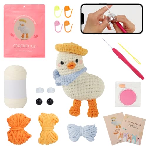 Autglint Duck Crochet Kit for Beginners Adults & Kids, Amigurumi Learn to Crochet Starter Kit with 4K Step-by-Step Video Tutorials, Includes Pre-Started Yarn, Crochet Hooks & Accessories - White Duck - style: White Duck