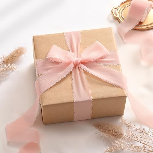 DORIS HOME Handmade Frayed Fringe Chiffon Ribbon 1" x 21Yd Blush Pink | Fabric Ribbon, For Flower Bouquet/Gift Wrapping/Wedding Invitations/Party Decorations - color: Blush Pink