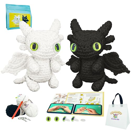 LuNuaFvy Crochet Kit for Beginners, Adults & Kids - Complete Animal Starter Kit to Make 2 Cute Dragons, Easy-to-Follow Book & Video Tutorial, Soft Yarn, Gift & Storage Bags - color: Green Eyes Dragon-Black&White