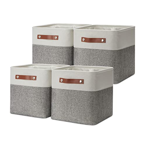 DULLEMELO 11 Inch Cube Storage Bins (Set of 4), Fabric Storage Baskets for Standard Cube Organizers, High-Capacity Collapsible Bins with PU Leather Handles for Closet, Nursery, and Shelves-White&Grey - color: White&Grey, size: S-11"x11"x11"
