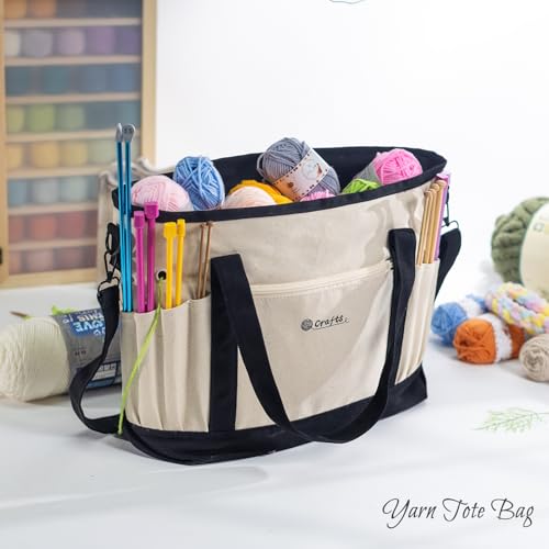 Canvas Yarn Storage Organizer Bag Washable Crochet Bag with Pockets for Yarn, Hooks, Needles – Travel Knitting Tote for Crafters – Gift for Crocheters & Knitters (Medium/Large) - color: Nature-Black, size: Large-15”