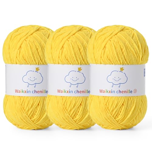 Fluffy Chenille Yarn for Crocheting，Baby Yarn for Crocheting Soft，3 Pack of 100g/3.5oz Velvet Amigurumi Yarn ，Fingering Weight Yarns for Crocheting Baby Blankets、DIY Craft.(3 Golden Yellow) - color: 3 Golden Yellow
