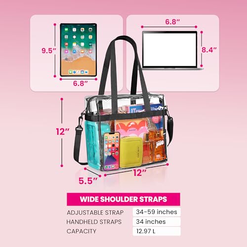 Handy Laundry Clear Bag 12x6x12 Stadium Approved Tote, Zipper Strap | PVC Clear Stadium Tote, Zipper Top, Shoulder Straps, 12x6x12 Meets Tournament Guidelines, for Concerts Work Sports - color: Black
