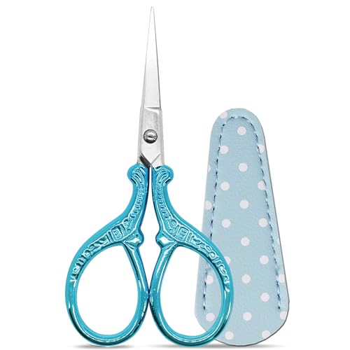 Embroidery Scissors 3.6 inch Crafting Scissors with Leather Cover | Stainless Steel Sharp Tip Scissors Shears for Needlework DIY Craft Thread Cutting Artwork Cross Stitch - color: Light Blue