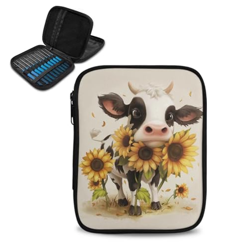 Cartoon Cow Crochet Hook Case Sunflower Portable Knitting Needle Case with Web Pockets Swing Crochet Hooks Accessories Easy to Take - color: Cartoon Cow Sunflower