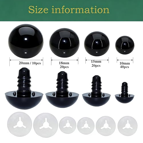 ARTCXC 10/15/18/20mm Black Safety Eyes for DIY Crocheting | 180pcs Craft Eyes and Washers for Handmade Plush Animal Amigurumi,Premium Material,Easy to Install - color: Black