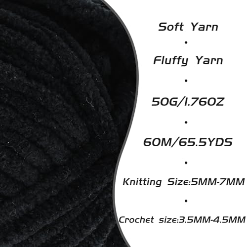 3 Pack Black Fluffy Velvet Yarn for Crocheting, Chunky Chenille Baby Blanket Yarn for Crochet, Soft Fuzzy Puzzle Yarn for Knitting, (50g/1.77oz Each) Bulky Thick Amigurumi Crochet Yarns - color: 3 Black