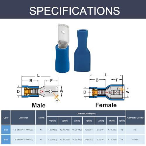 Chanzon 100pcs 3/16" Male & Female Spade Connector Semi-Insulated PVC Blue | UL Recognized - 14 15 16 awg Gauge Quick Disconnect Wire Crimp Terminal 4.8 x 0.8 mm - size: 4.8mm Male & Female Spade, style: 16-14AWG