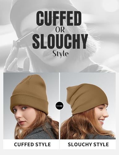Fleece Lined Wool Beanie Hat Men Women, Warm Cuffed Winter Cap | 50% Wool Thermal Knit, Soft Velvet Fleece Liner, Long Style Full Ear Cover Warm Watch Cap, Tall Roomy Crown Skull Cap - color: Coffee
