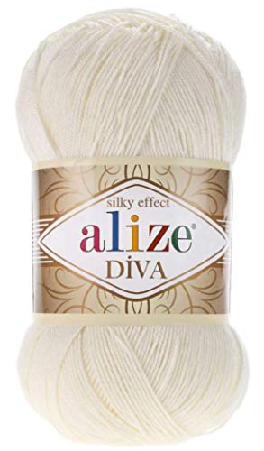 Alize Diva Silk Effect 100% Microfiber Acrylic Yarn 1 Ball/Skein 100gr 383yds Color (62 - Light Cream) - color: 62 - Light Cream