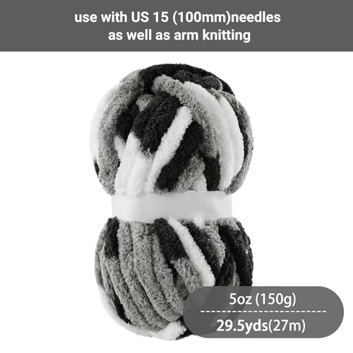 HOMBYS Grey Multi Chunky Chenille Yarn for Hand Knitting,Fluffy Soft Jumbo Yarn Crocheting,Super Bulky Big Yarn for Chunky Blanket,Large Thick Arm Knitting Yarn,8 Pack Plush Yarn - color: Grey Multi