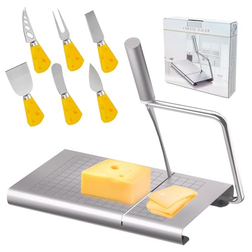 Cheese Slicer Board, Stainless Steel with Blade for Block Cheese | With measuring grids and 6 bonus cheese knives. Cuts butter, sausages, bread and vegetables. Dishwasher safe.
