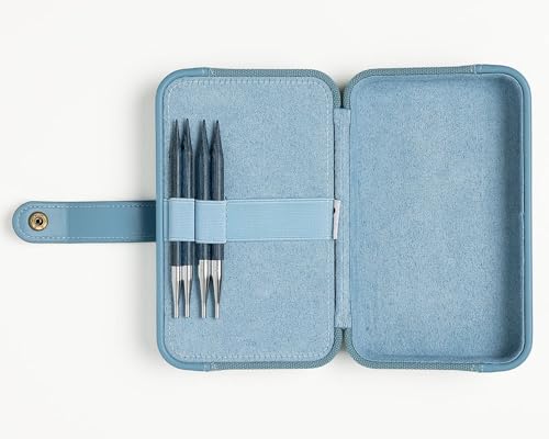 Knit Picks x DellaQ Interchangeable Knitting Needles Set with Buddy Case | 9 sizes of blue 4.75 inch long knitting needles, US 4-11, includes Dusty Blue Canvas and Faux Leather case - color: Dusty Blue and Regular Blue Needles